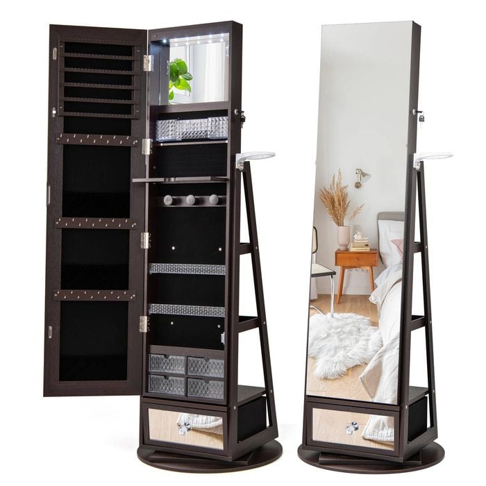 Costway 4 In 1 Rotating Jewellery Storage Full Length Mirror Coffee