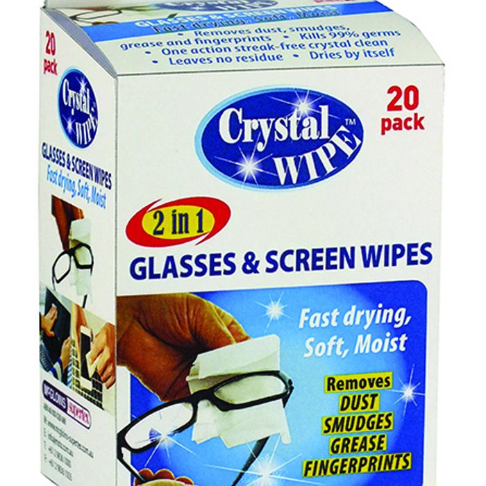 Crystal Wipes Glasses & Screen Wipes Soft Microfibre Lens Cleaner Cloth Watch - 20 Pack