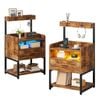 Ufurniture Side Table Set of 2 with Charging Station and LED Lights Walnut
