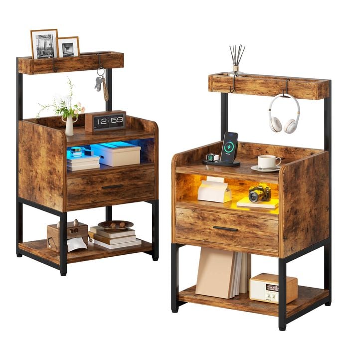 Ufurniture Side Table Set of 2 with Charging Station and LED Lights Walnut