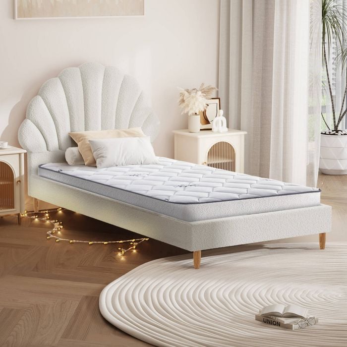 Oikiture Bed Frame with Mattress Single Size White Boucle