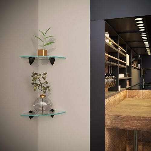 Two corner glass shelves with indoor plants.