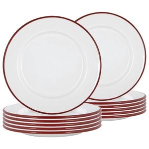 Argon Tableware 25.5cm Enamel Dinner Plates - Red Rim - Set Of 12 - 10inch Large Dish Plates Metal Enamel Tableware Dinner Set