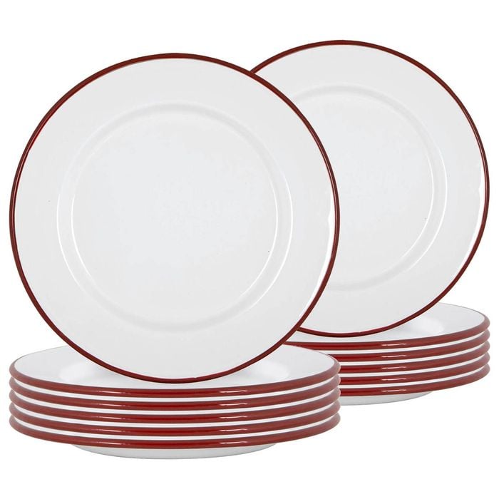 Argon Tableware 25.5cm Enamel Dinner Plates - Red Rim - Set Of 12 - 10inch Large Dish Plates Metal Enamel Tableware Dinner Set