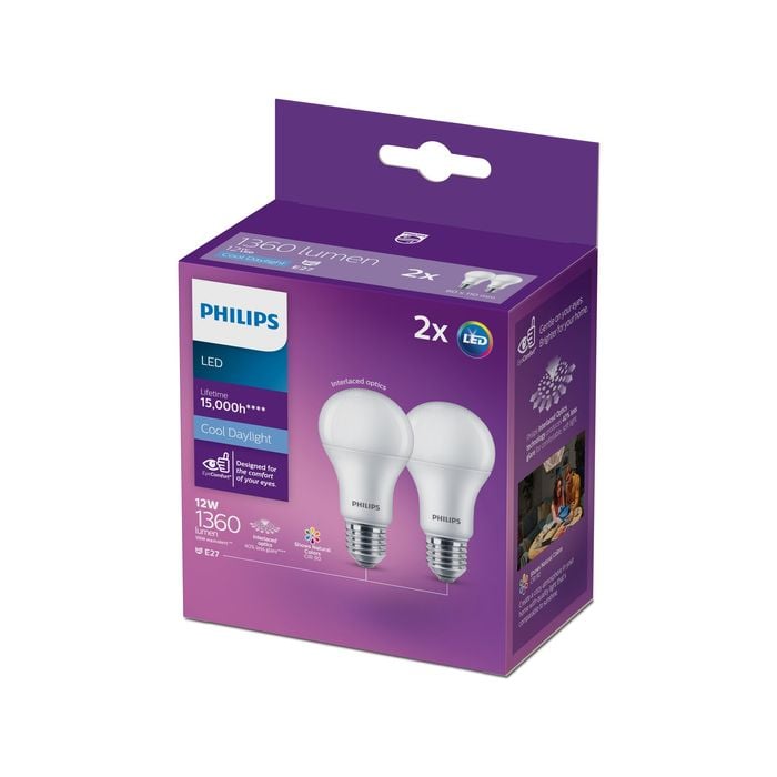 Philips A60 E27 LED 1360lm Cool Daylight 12W Globe - 2 Pack