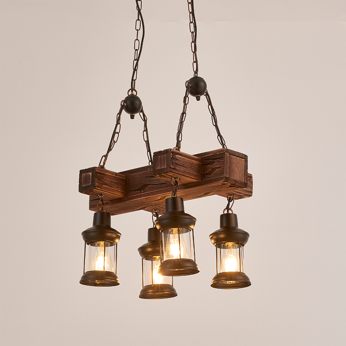LumenSphere Javier 4-Light Retro Wood Pendant - Black Finish, Natural Wood Accents, E27 Base