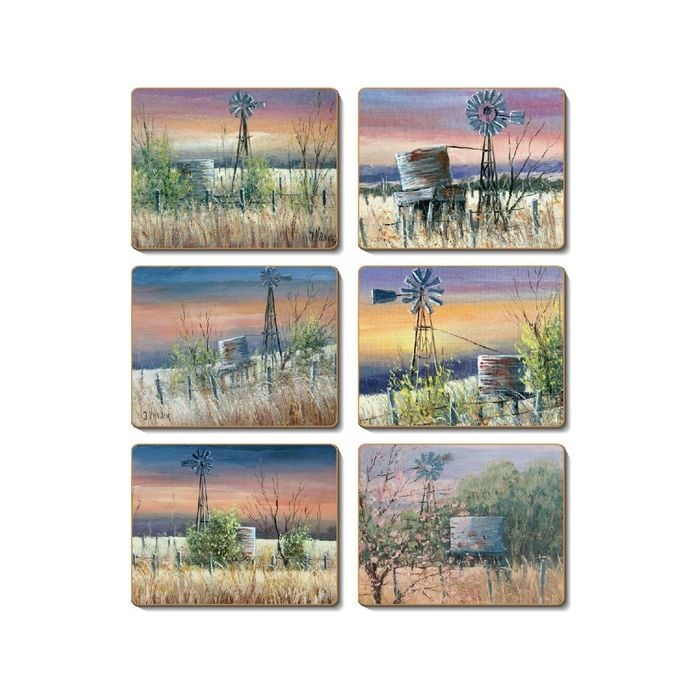 Cinnamon Cork Backed Coasters Set of 6 - Windmills & Water Tanks