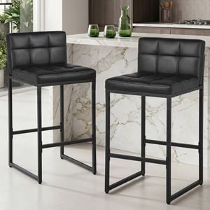 Advwin Set of 2 Bar Stools PU Leather Boucle Kitchen Counter Stools Dining Chair Black