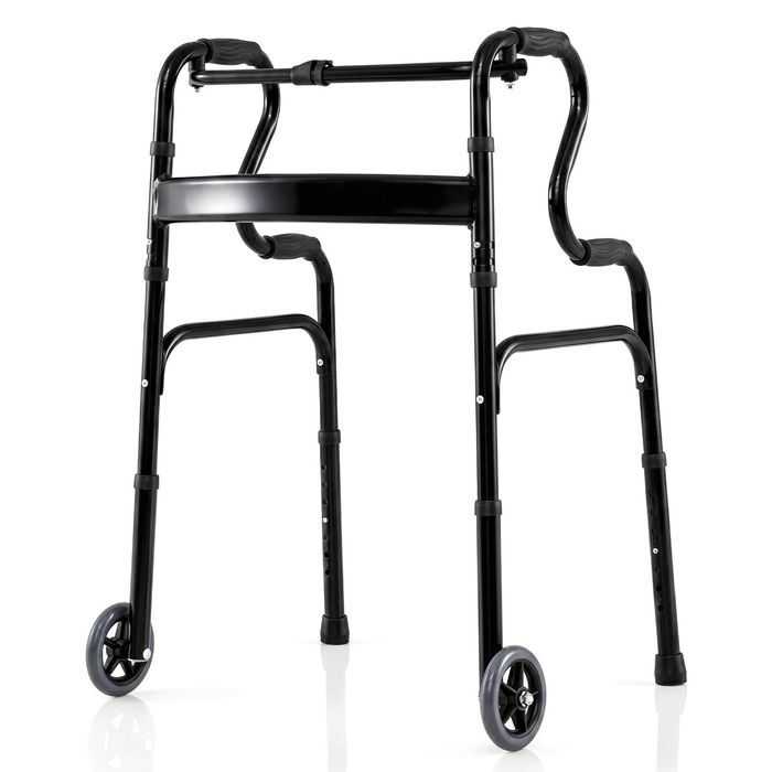 Costway Aluminum Alloy Adjustable Height Folding Walker w/Dual-Level Handrails & Pulleys-Black