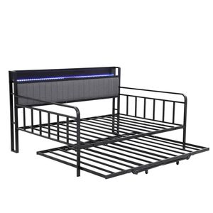 Artiss Bed Frame Double Led Metal Trundle Daybed With Charging Station Turn