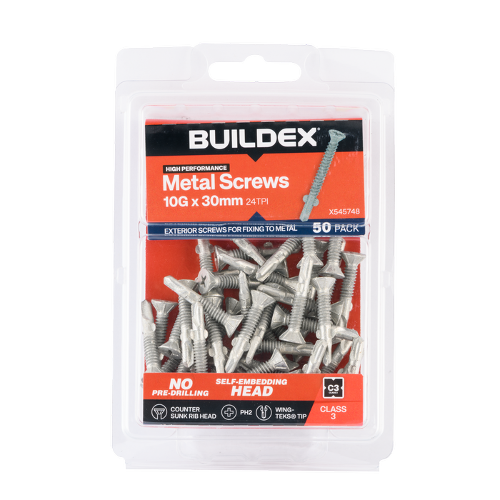 Buildex 10G x 30mm Class 3 Sheet Metal Screws (Countersunk Rib Head) - 50 Pack
