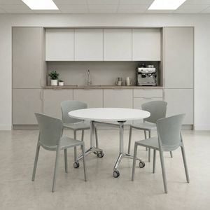 Olg Meeting Room Bundle: Modulus 1200mm Round Flip Table White + 4 Ripple Stackable Chairs Tea Green