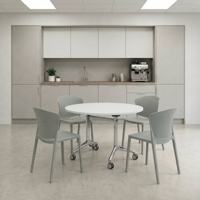 Olg Meeting Room Bundle: Modulus 1200mm Round Flip Table White + 4 Ripple Stackable Chairs Tea Green