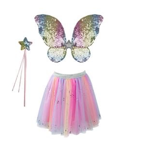 Great Pretenders Size 4-6 Rainbow Sequin Skirt w/Wings/Wand Costume Kids 3+