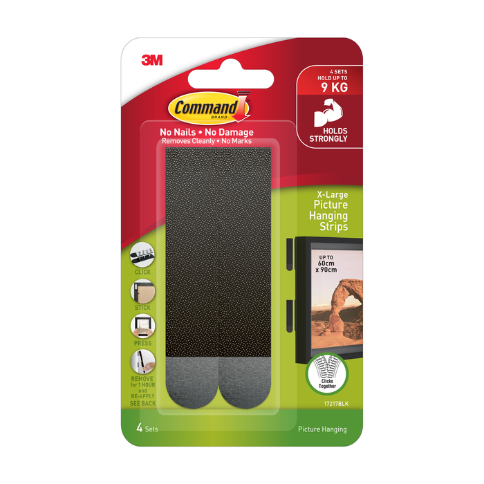 Command 9kg Black Extra Large Picture Hanging Strip - 4 Pack