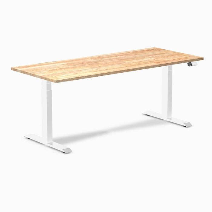 Desky Dual Natural Timber Rubberwood Sit Stand Desk 1800x750mm White Frame Leg