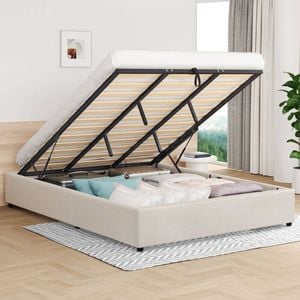 Alfordson Bed Frame King Gas Lift Storage Base Beige
