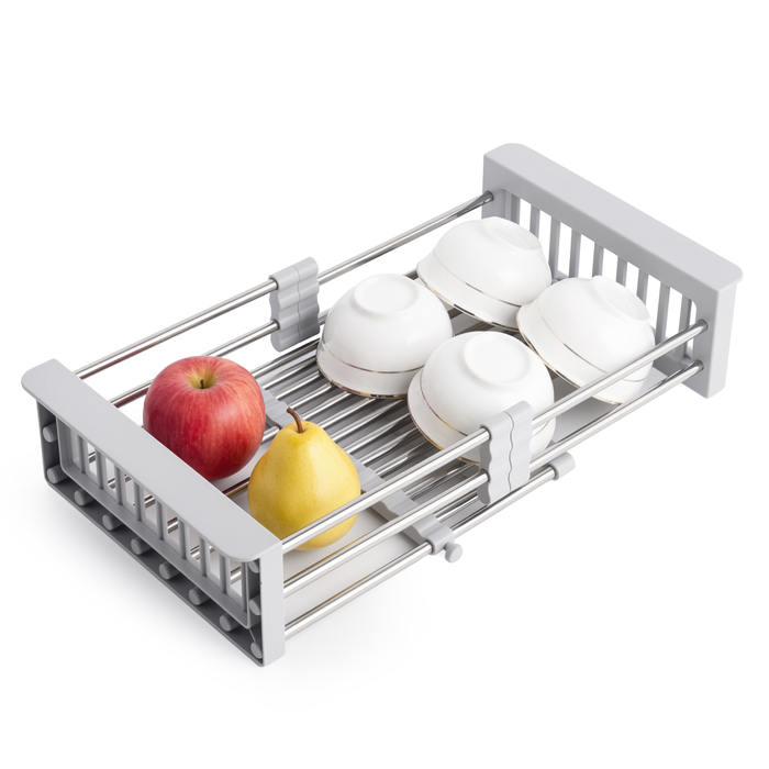 Expandable In Sink Kitchen Dish Drying Rack, Over The Sink Dish Drainer in Stainless Steel and ABS