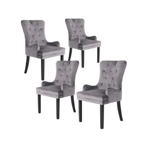La Bella 4 Set Grey French Provincial Dining Chair Ring Studded Lisse Velvet Rubberwood