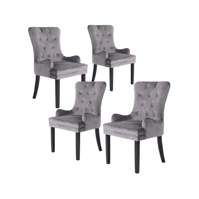 La Bella 4 Set Grey French Provincial Dining Chair Ring Studded Lisse Velvet Rubberwood