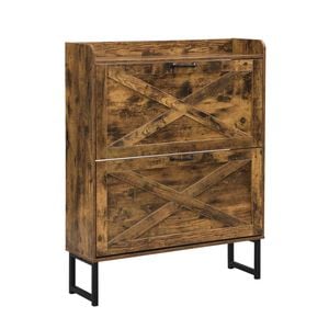 IHOMDEC Shoe Storage Cabinet with 2 Flip Drawers and Metal Legs Rustic Dark Brown