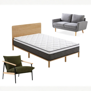 Zinus Queen Arden Japandi Bamboo Bed Frame & Mattress Set with York 2 Seater Sofa & Sling Accent Chair, Support iCoil Eurotop