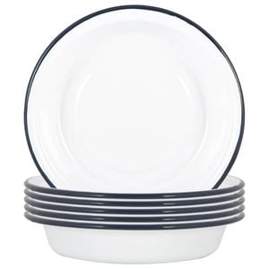 Argon Tableware White Deep Bowls - 22.5cm - Set Of 6 - Navy Blue Metal Enamel Cereal Lightweight Camping Serving Bowls