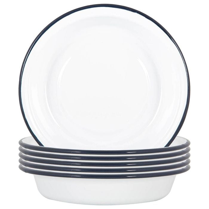 Argon Tableware White Deep Bowls - 22.5cm - Set Of 6 - Navy Blue Metal Enamel Cereal Lightweight Camping Serving Bowls