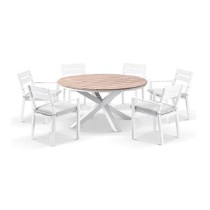 Tuscany Round 1.5m Outdoor Aluminium/teak Dining Table White With 6 Santorini Chairs & Olefin Grey Cushions