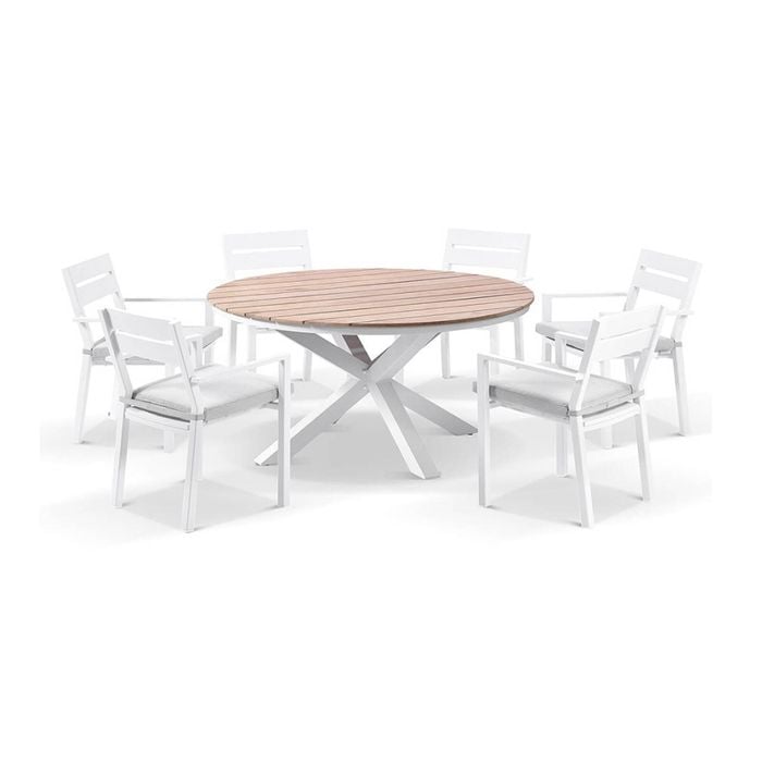 Tuscany Round 1.5m Outdoor Aluminium/teak Dining Table White With 6 Santorini Chairs & Olefin Grey Cushions