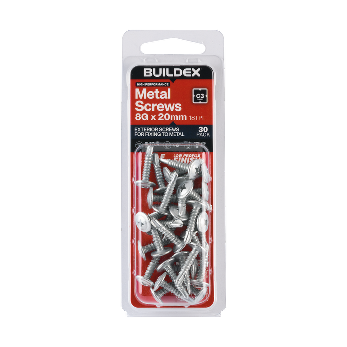 Buildex 8G x 20mm Class 3 Sheet Metal Screws - 30 Pack