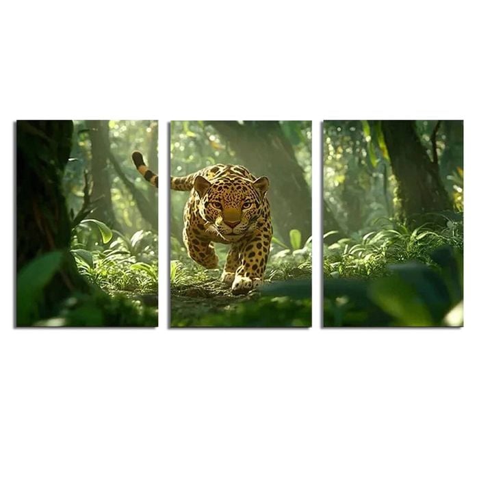 3pcs Young Leopard Running Through A Jungle Print 100% Australian Made 3 x 40x60cm  (Stretched)