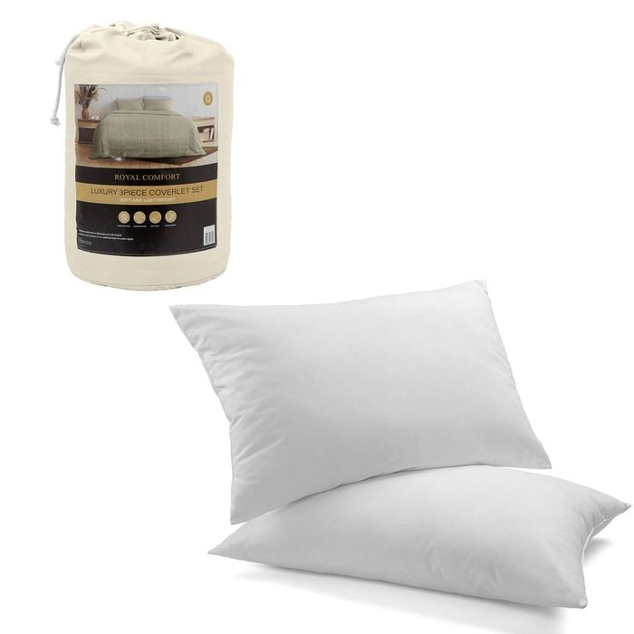 Royal Comfort Bed In A Bag Coverlet Set with 2 Duck Feather Pillows Beige Queen