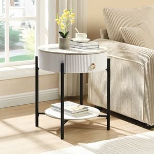 Homfurn Round Sintered Stone End Table With Drawer, Modern Nightstand With Black Metal Frame & Storage Shelf, White