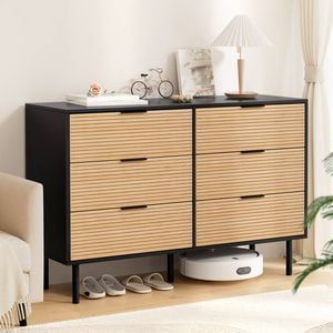 Homfurn 6 Drawer Lowboy Storage Cabinet With Metal Handles And Legs, Black With Natural Wood Color