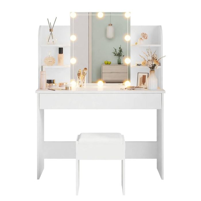 Advwin Dressing Table Stool Set 10 LED Adjustable Bulbs Makeup Mirror