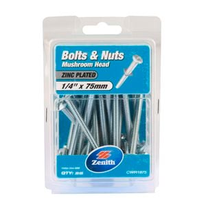 Zenith 1/4" x 75mm Zinc Plated Mushroom Head Bolts And Nuts - 25 Pack