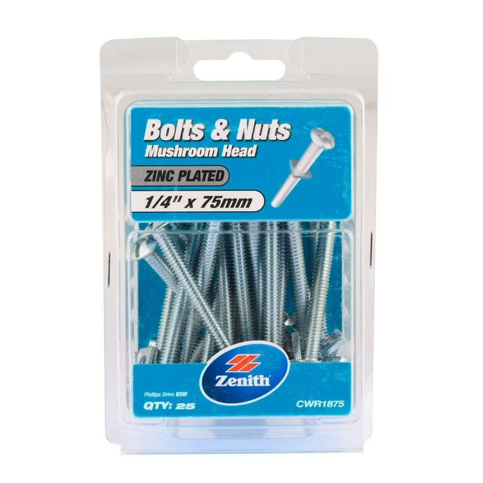 Zenith 1/4" x 75mm Zinc Plated Mushroom Head Bolts And Nuts - 25 Pack
