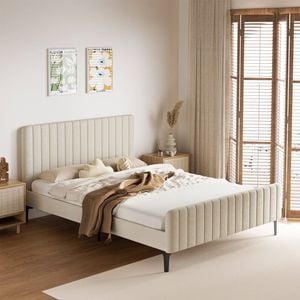 Oikiture Bed Frame Base Velvet Fabric Beige ROYO - Queen