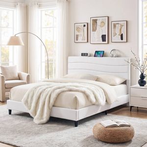 Artiss Queen Bed Frame Linen Adjustable Headboard Charging Ports