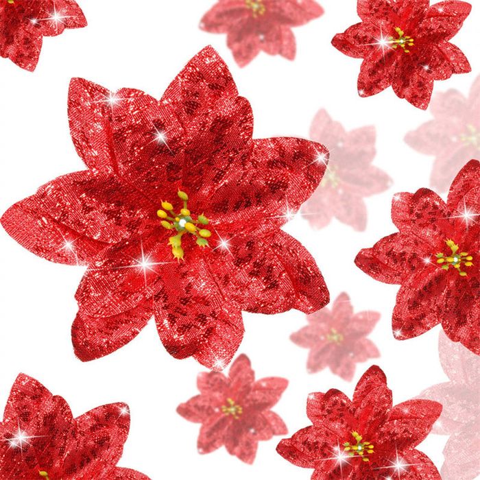 Catzon 24 Pcs Christmas Glitter Poinsettia Flowers for Xmas Tree-Red