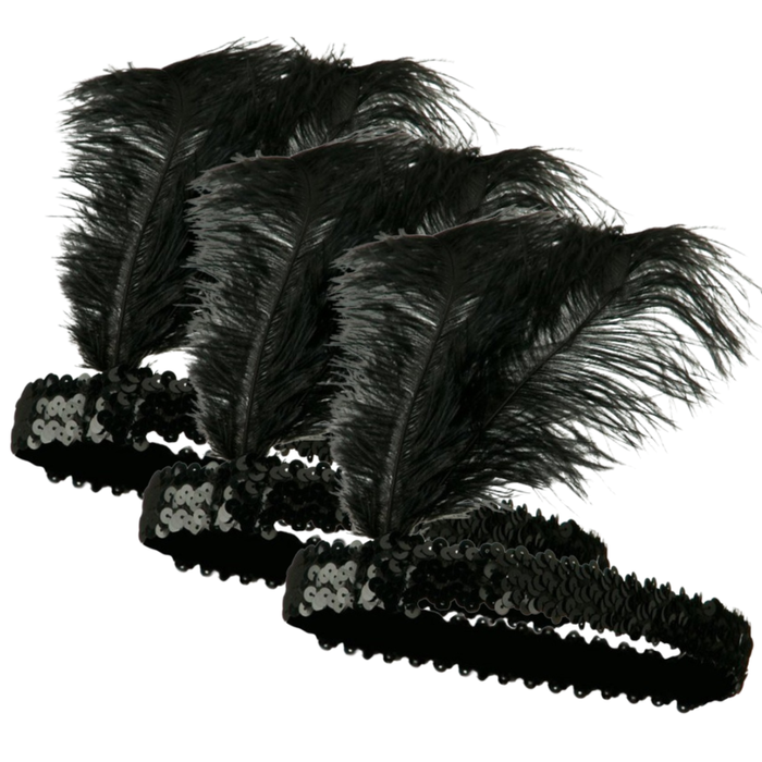 3x 1920s FLAPPER HEADBAND Headpiece Feather Sequin Charleston Costume Gatsby Black