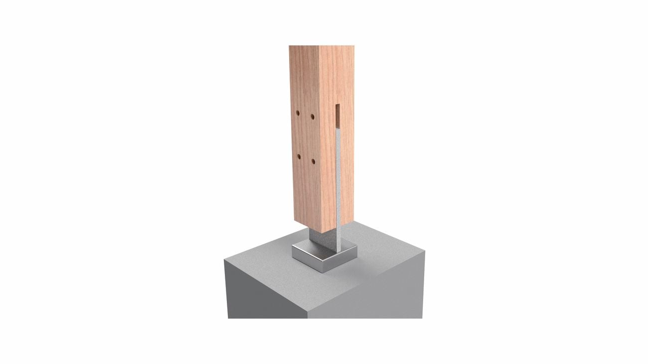 Timber post being slide on top of T-Blade Post Support
