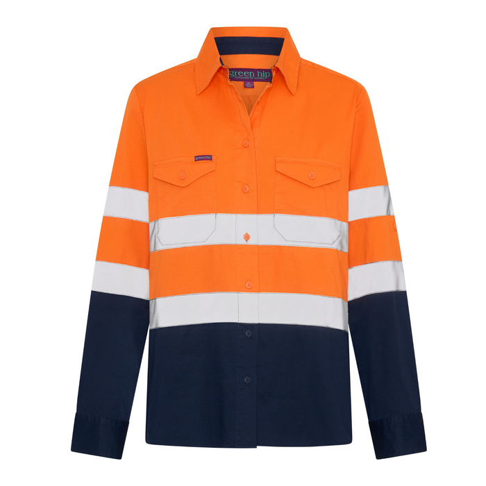 Green Hip Long Sleeve HiVis Reflective Shirt Orange/Blue Size 18