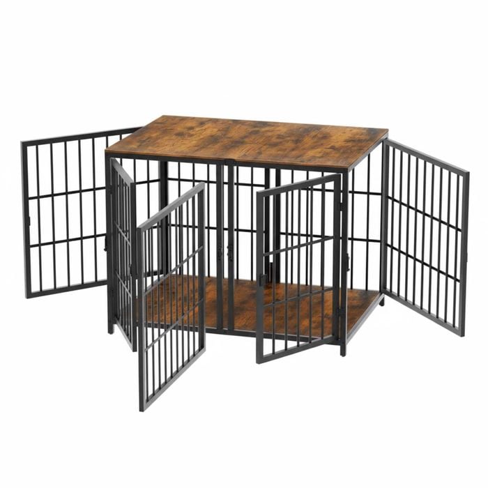 P&P Black Wooden Dog Crate With Metal Frame And Divider