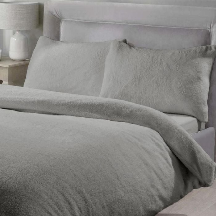 Luxor King Grey Teddy Fleece Soft Warm Quilt Doona Duvet Cover  Set