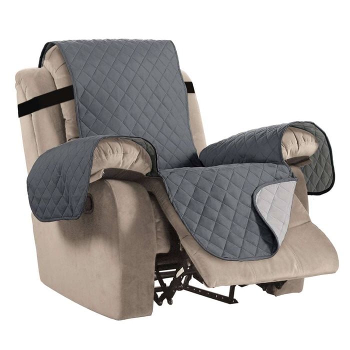 Smarcute 1 Seater Quilted Reversible Recliner Chair Cover Armchair Sofa Slipcover with Straps Grey