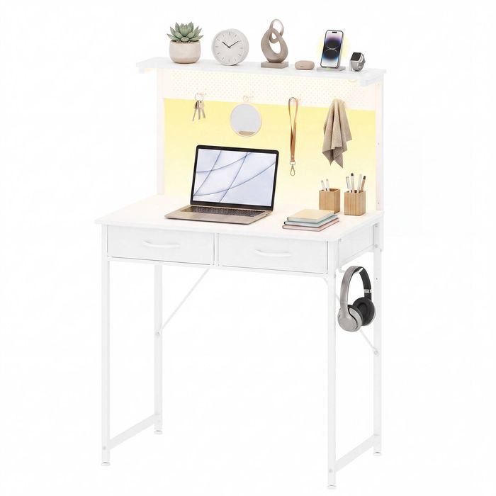 Ufurniture 80cm LED Gaming Desk w/ Adjustable Monitor Stand & Pegboard Home Office Computer Desk w/ Charging Station White