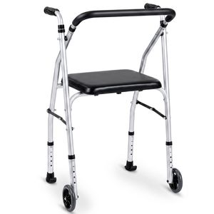 Costway Folding Mobility Walker Portable Stand Up Walking w/Padded Seat-Silver