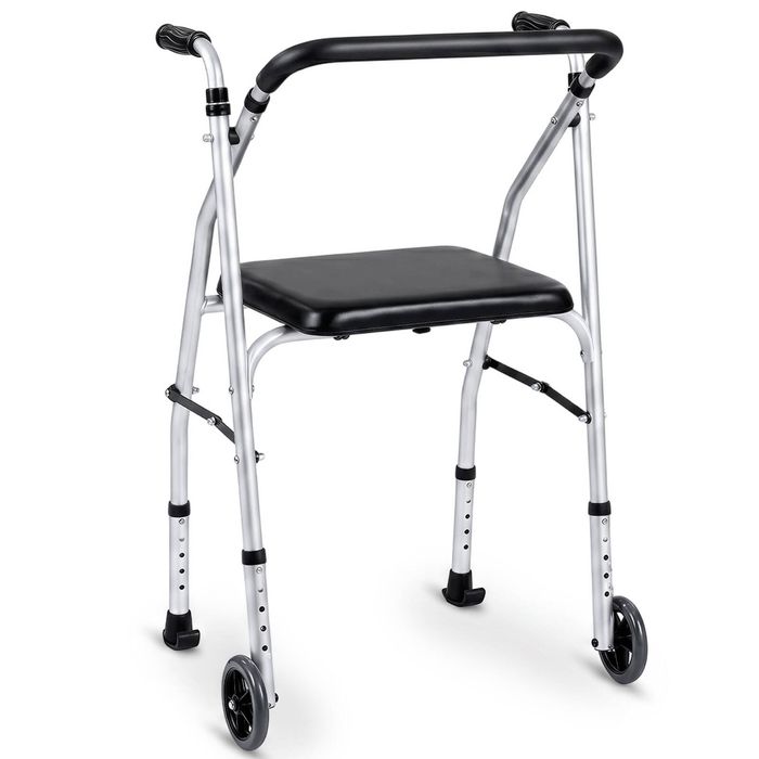 Costway Folding Mobility Walker Portable Stand Up Walking w/Padded Seat-Silver